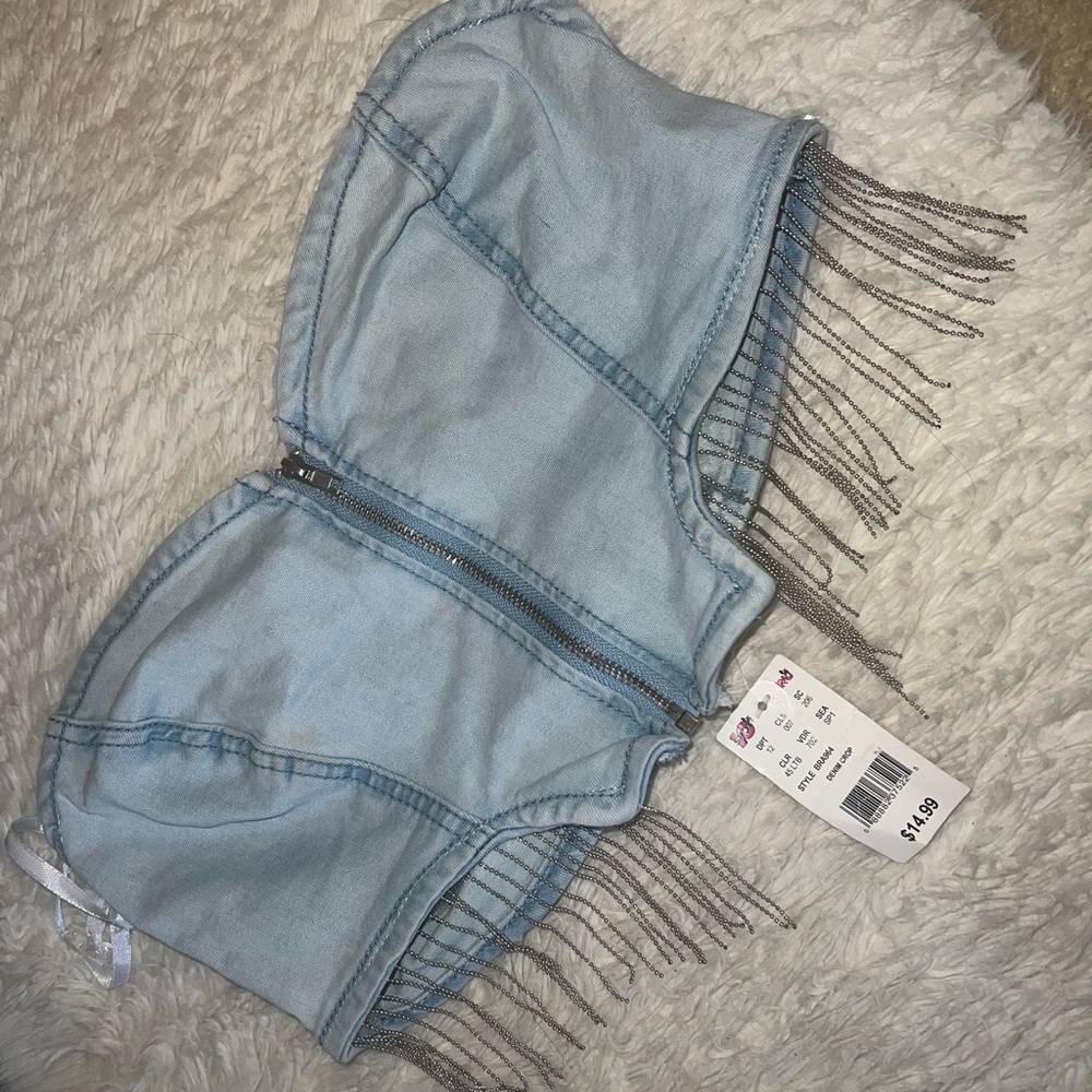 Strapless, Diamond fringe denim top